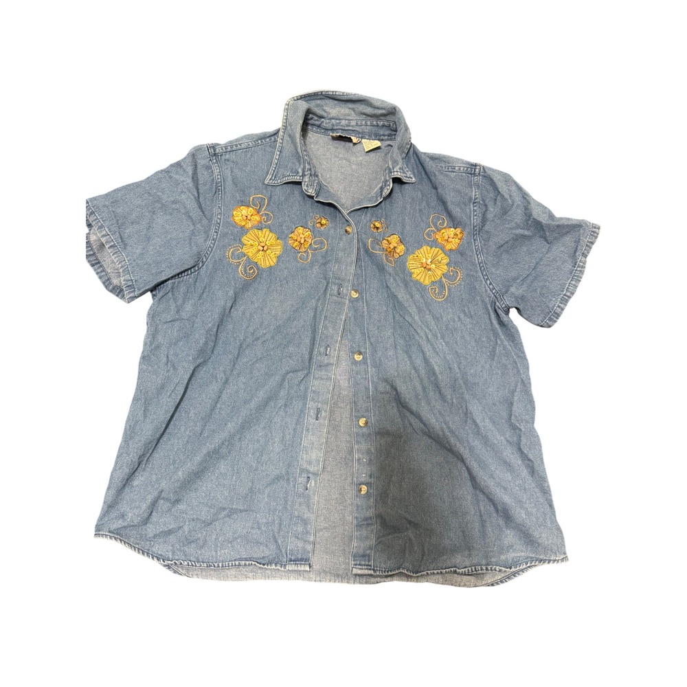 Donkenny Denim Button Up‎ Top Large Floral Applique Embroidered Casual Blouse